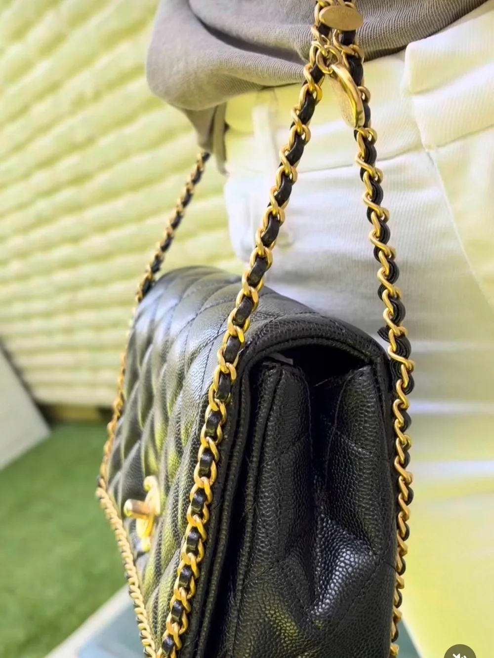 CHANEL Black Quilted Leather Shoulder Bag with Gold Chain Trim